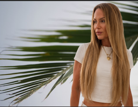 Dunia standing beside a palm frond in natural daylight